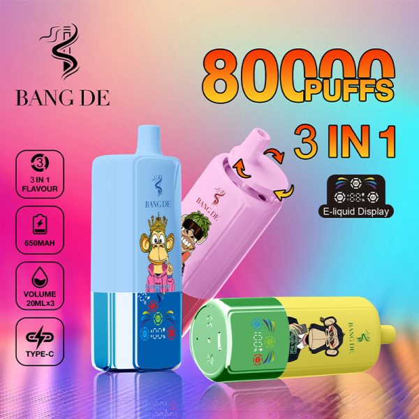Vibrant Bang De Advertisement Showing Four Colorful 3-In-1 Vape Pods (Blue, Pink, Green, Yellow) With Cartoon Monkey Characters, Bold '8000 Puffs' And '3 In 1' Text Plus An 'E-Liquid Display' Badge, And A Left-Side Panel Listing Specs: 650Mah, 20Ml × 3, Type-C.