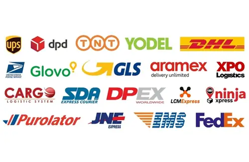 Een collage van logo's van koeriers- en logistieke bedrijven, gerangschikt in rijen, met merken als UPS, DPD, TNT, Yodel, DHL, Glovo, GLS, Aramex, XPO Logistics, Cargo Logistics System, SDA Express Courier, DP World, LCM Express, Ninja Xpress, Purolator, JNE Express, EMS en FedEx.