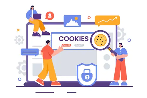Una colorida ilustración de varias personas alrededor de una gran pantalla de computadora portátil que muestra un cartel de consentimiento de cookies con la etiqueta 'COOKIES' con botones Aceptar y Rechazar, una lupa enfocada en una cookie e íconos de seguridad como un escudo con un candado, además de burbujas de chat y engranajes en el fondo.