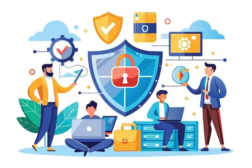 Una colorida ilustración de ciberseguridad con un gran escudo y un candado rojo en el centro, rodeada de personas que usan computadoras portátiles y dispositivos, engranajes e íconos de nube para simbolizar la protección de datos y la seguridad en línea.