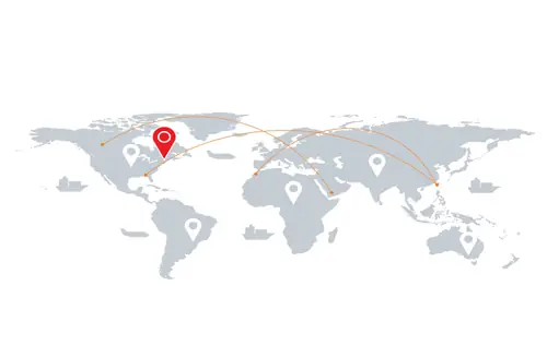 Wereldkaart met meerdere witte locatiepinnen en een prominente rode pin in de regio Europa-West-Azië, met oranje gebogen lijnen die de pinnen over de continenten verbinden.
