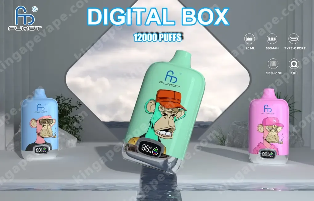 Drie kleurrijke Digital Box-vape-apparaten met apenillustraties op de voorkant – mintgroen midden naar voren kantelend, blauw links, roze rechts – elk met een digitaal display aan de onderkant, geplaatst in een futuristische showroom met de tekst DIGITAL BOX 12000 PUFFS erboven.