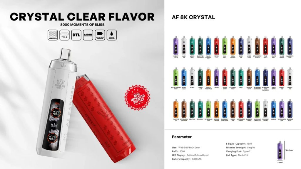 De advertentie van Crystal Clear Flavour toont een witte rechthoekige damp met een digitaal display en een rode cilindrische damp die er aan de linkerkant tegenaan leunt, een rode 'New Enhanced Battery'-badge in de buurt, en een raster van kleurrijke Al Fakher Crystal 8000 Puffs e-vloeistofflessen gerangschikt aan de rechterkant met een 'Parameter'-sectie eronder.