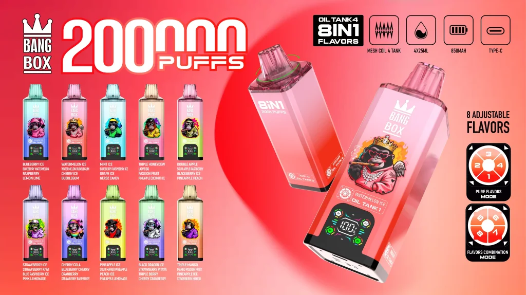 Bright pink Bang Box advertisement for 2000 Puffs disposable vapes, showing a grid of colorful flavor bottles with cartoon characters, two large angled pink devices on the right, and icons indicating 8 adjustable flavors and 8-in-1 flavors.