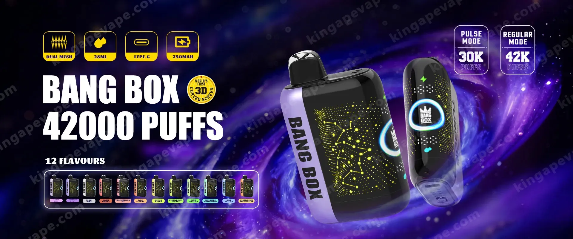 Pubblicità di vaporizzazione di Bang Box 42000 Puffs con due eleganti dispositivi neri con motivi di circuiti al neon su uno sfondo viola, testo in grassetto 'BANG BOX 42000 PUFFS' a sinistra, icone in alto per Dual Mesh, 28ML, TYPE-C e 750MAH e badge per Pulse Mode 30K PUFFS e Regular Mode 42K PUFFS, con una fila di 12 flaconi di aromi nella parte inferiore.