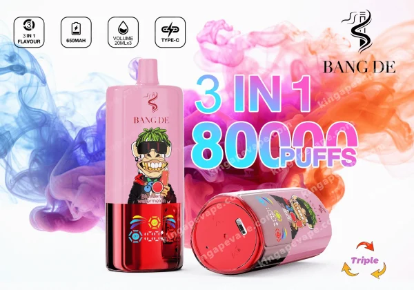 Pink Bang De 3-In-1 Disposable Vape With A Tall Bottle-Shaped Unit Featuring A Cartoon Character Wearing Sunglasses, And A Matching Pink Device, Set Against Swirling Blue, Purple, And Orange Smoke Advertising 8000 Puffs.