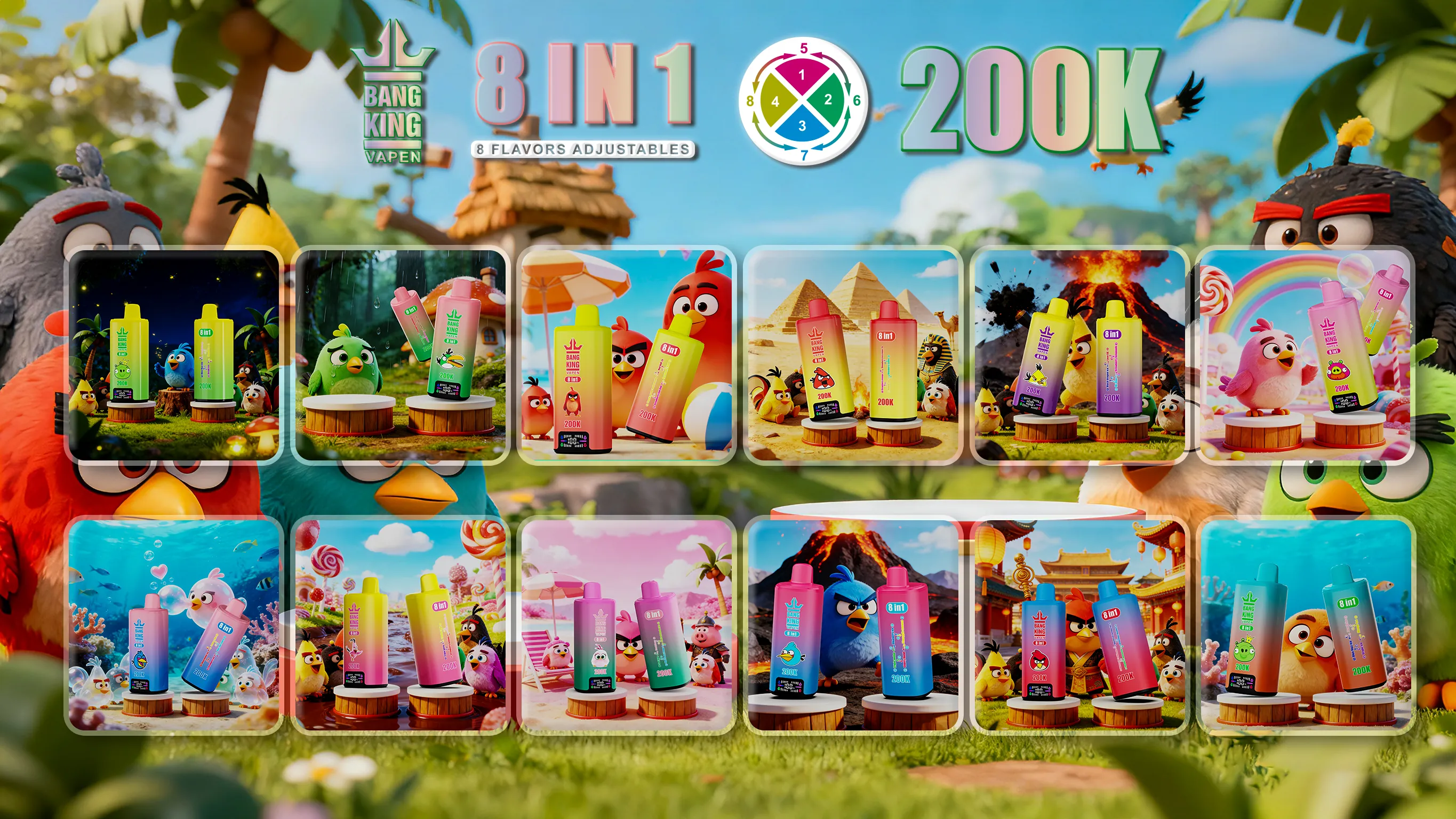 Bright tropical promotional banner featuring Angry Birds characters and rows of colorful vape bottles on wooden pedestals, advertising Bang King Vape 8 in 1 with 8 adjustable flavors and a large 200K label.