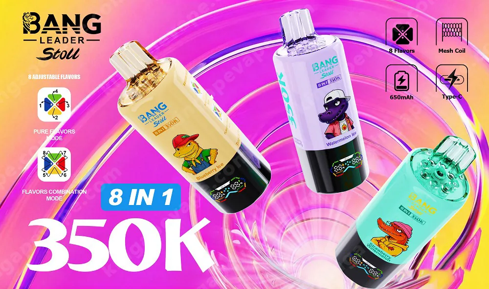 Drie Bang Leader Stoli vape e-liquid-flessen met cartoonalligators zitten op een felroze en paarse wervelachtergrond, gelabeld 8 in 1 en 350K, met pictogrammen die 8 smaken aangeven, mesh-spoel, 650 mAh en Type-C.