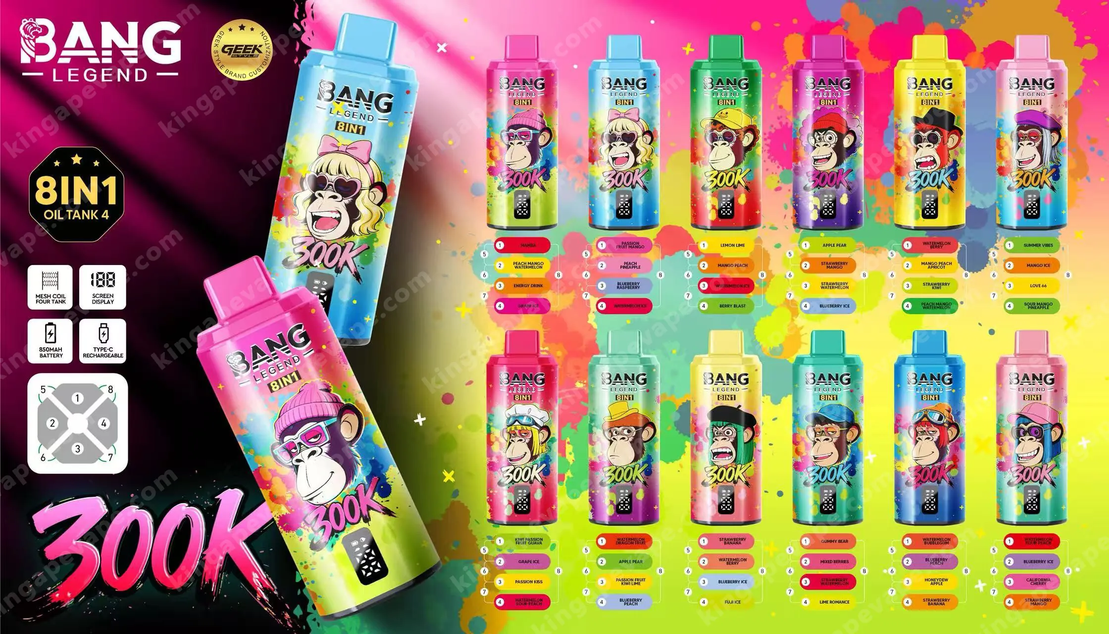 Publicité Vibrant Bang Legend 300K 8IN1 Flavors Oil Tank 4 montrant plusieurs bouteilles de vape colorées avec des personnages de singes de dessins animés sur leurs étiquettes sur un fond arc-en-ciel lumineux, y compris deux grandes bouteilles au premier plan (rose et bleu).