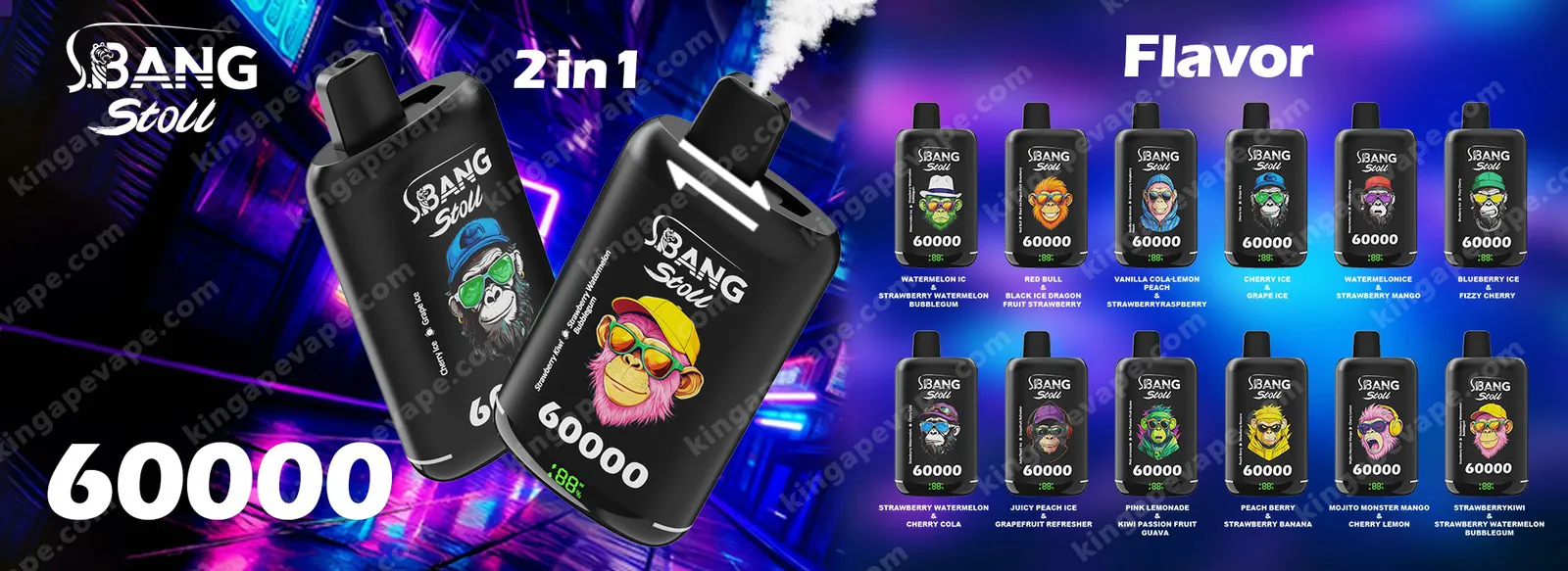 Twee grote zwarte Bang Stoll 60k Puffs vape-pods met kleurrijke aaplogo's die een zonnebril dragen, zitten op een neonpaarse achtergrond, met '2 in 1' erboven en '60000' onderaan, en een rij kleinere smaakflessen met het opschrift 'Flavor' aan de rechterkant.