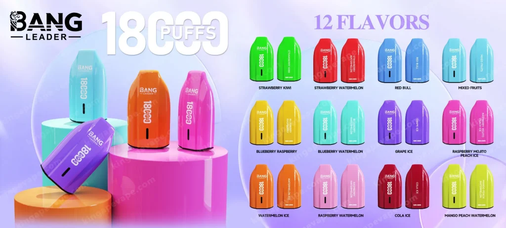 Bright promotional banner for Bang Leader displaying 12 colorful vape pods in two rows, with '1800 puffs' and '12 flavors' visible; flavors include Strawberry Kiwi, Strawberry Watermelon, Red Bull, Mixed Fruits, Blueberry Raspberry, Blueberry Watermelon, Grape Ice, Raspberry Mojito Peach Ice, Watermelon Ice, Raspberry Watermelon, Cola Ice, and Mango Peach Watermelon.