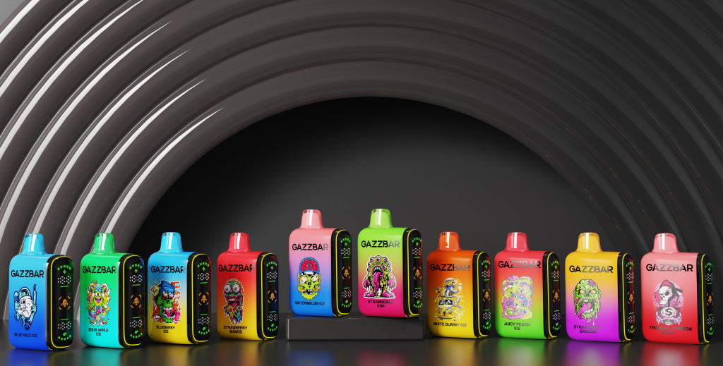 Row of colorful Gazzbar Rocket 20000 Puffs disposable vape devices with illustrated front panels and black side grips, in blue, green, red, pink, yellow, and orange, lined up on a glossy surface against a dark curved metallic backdrop.