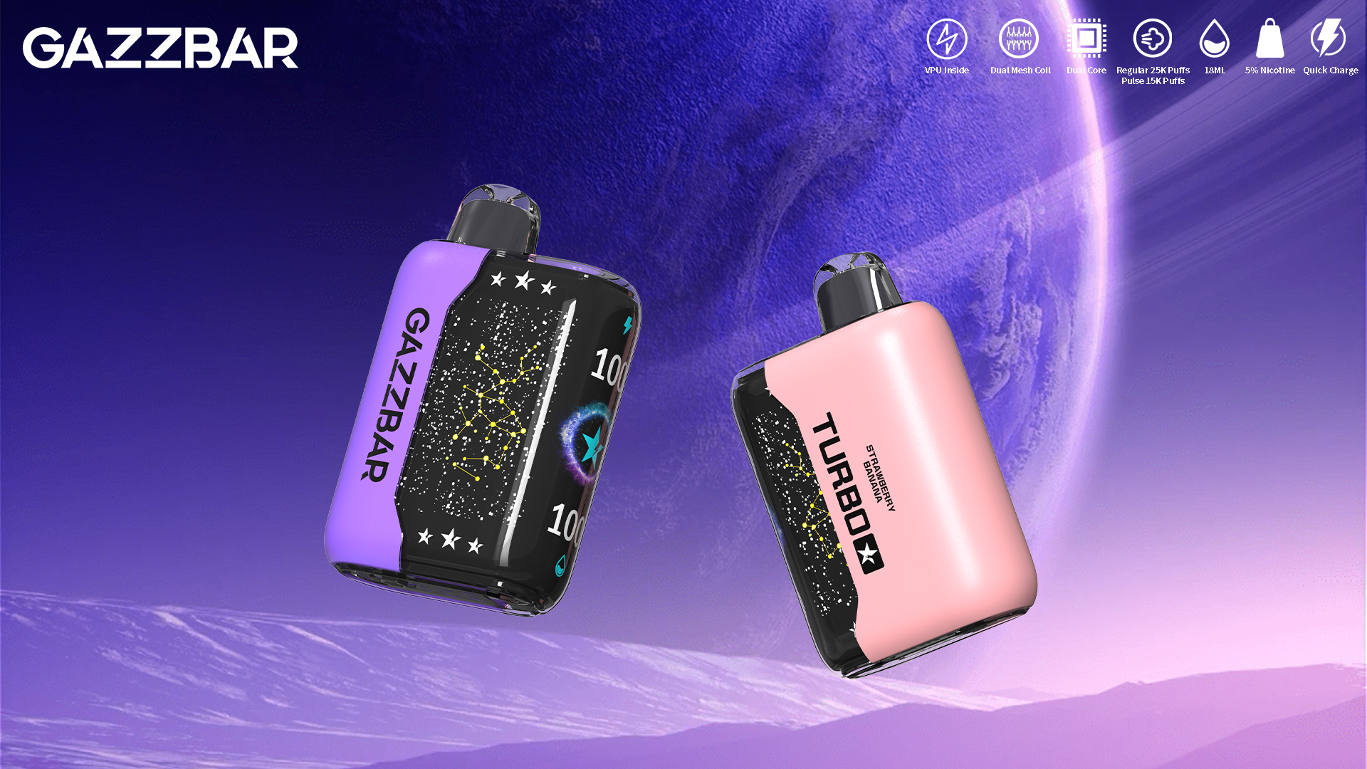 Zwei Gazzbar Turbo 30000 Puffs Einweg-Vaporizer schweben in einer violetten Weltraumszene mit einem fernen Planeten; .