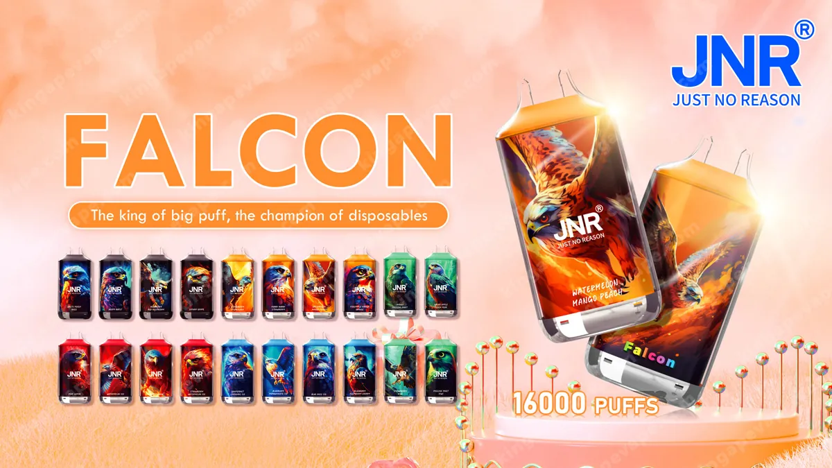 JNR Falcon advertisement showing a large orange 'FALCON' title, a row of colorful JNR disposable vape cans, two oversized Falcon-themed devices on the right with eagle artwork, the slogan 'The king of big puff, the champion of disposables,' and the '16000 PUFFS' caption with the JNR logo in the top right.