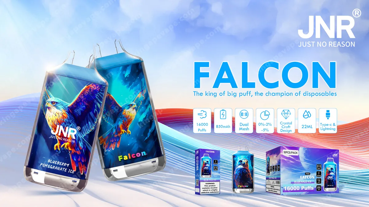 Two Falcon disposable vape devices featuring blue eagle artwork and JNR branding, displayed with their packaging and icons highlighting 16,000 puffs and 850 mAh against a colorful background.