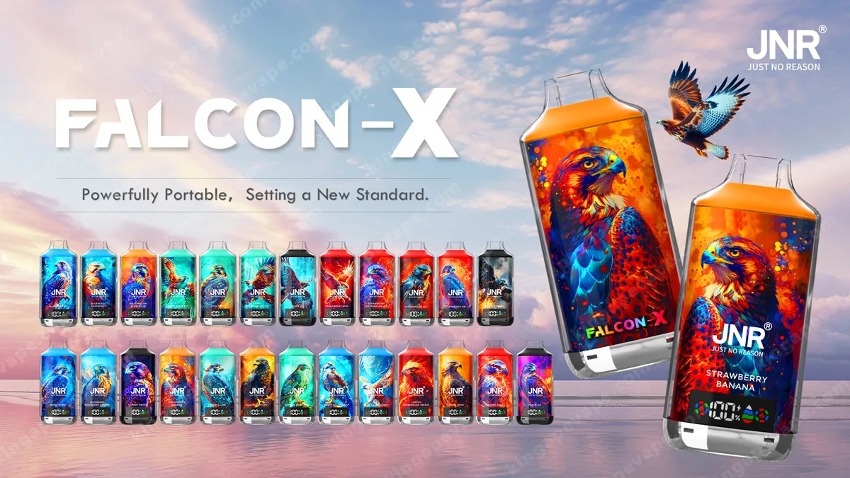 Promotional banner for Falcon-X by JNR showing a sky backdrop, a lineup of colorful bird-themed bottles, and two large Falcon‑X devices with vibrant parrot artwork on the right, along with the JNR logo.