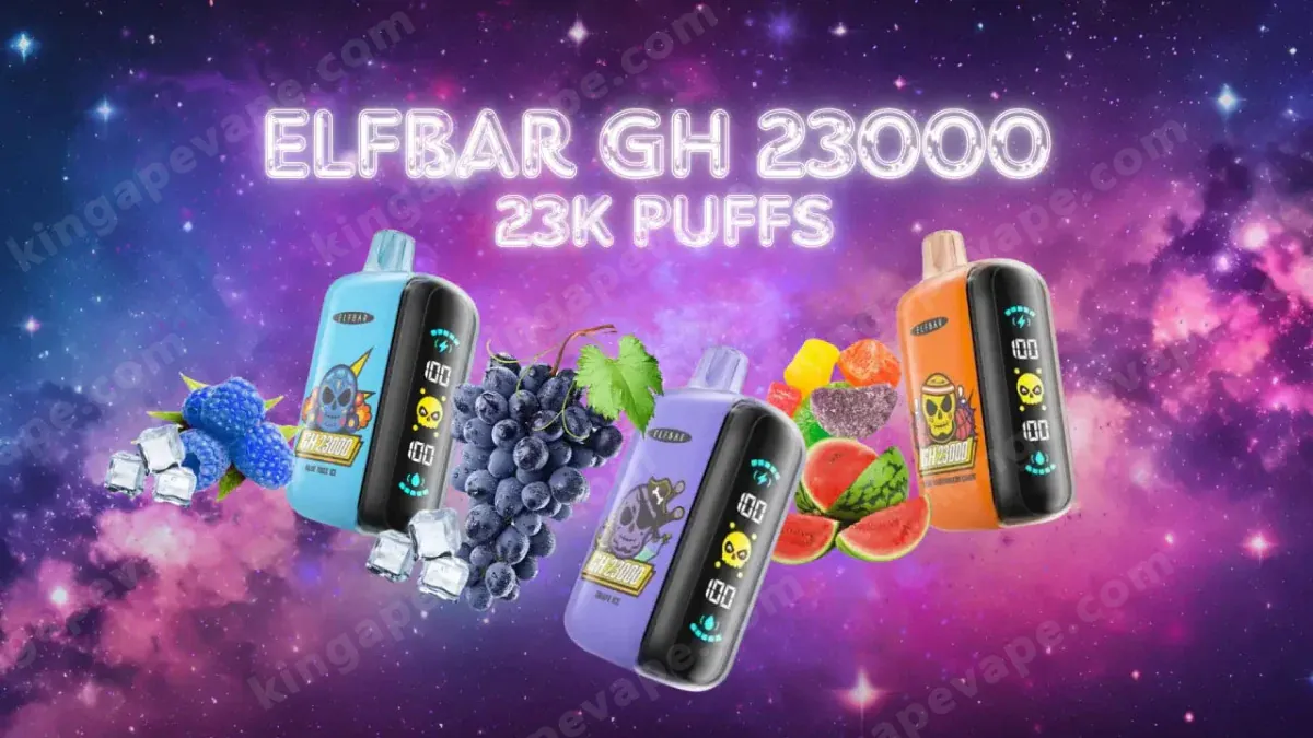 Elf Bar GH 23000 Puffs wegwerpvape-apparaten in blauw, paars, lavendel en oranje zweven tegen een paarse sterrenhemel, omringd door druiven, bosbessen, watermeloenschijfjes en ijs, met neontekst 'ELFBAR GH 23000 23K PUFFS' bovenaan.