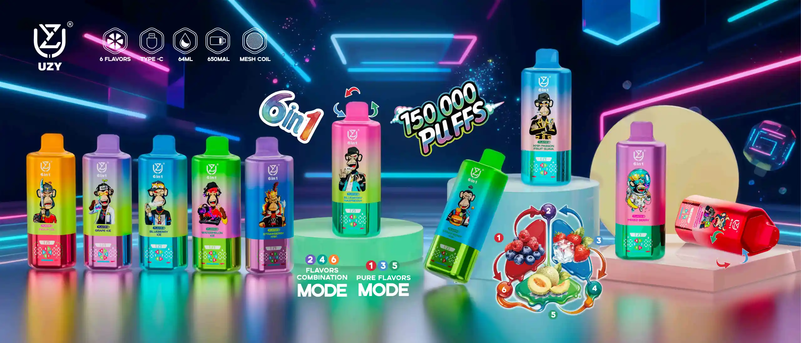 A neon-futuristic stage displays a colorful lineup of UZY 6-in-1 150000 Puffs bottles with cartoon monkey mascots, a central pink bottle on a pedestal, and bold graphics advertising 150,000 puffs.