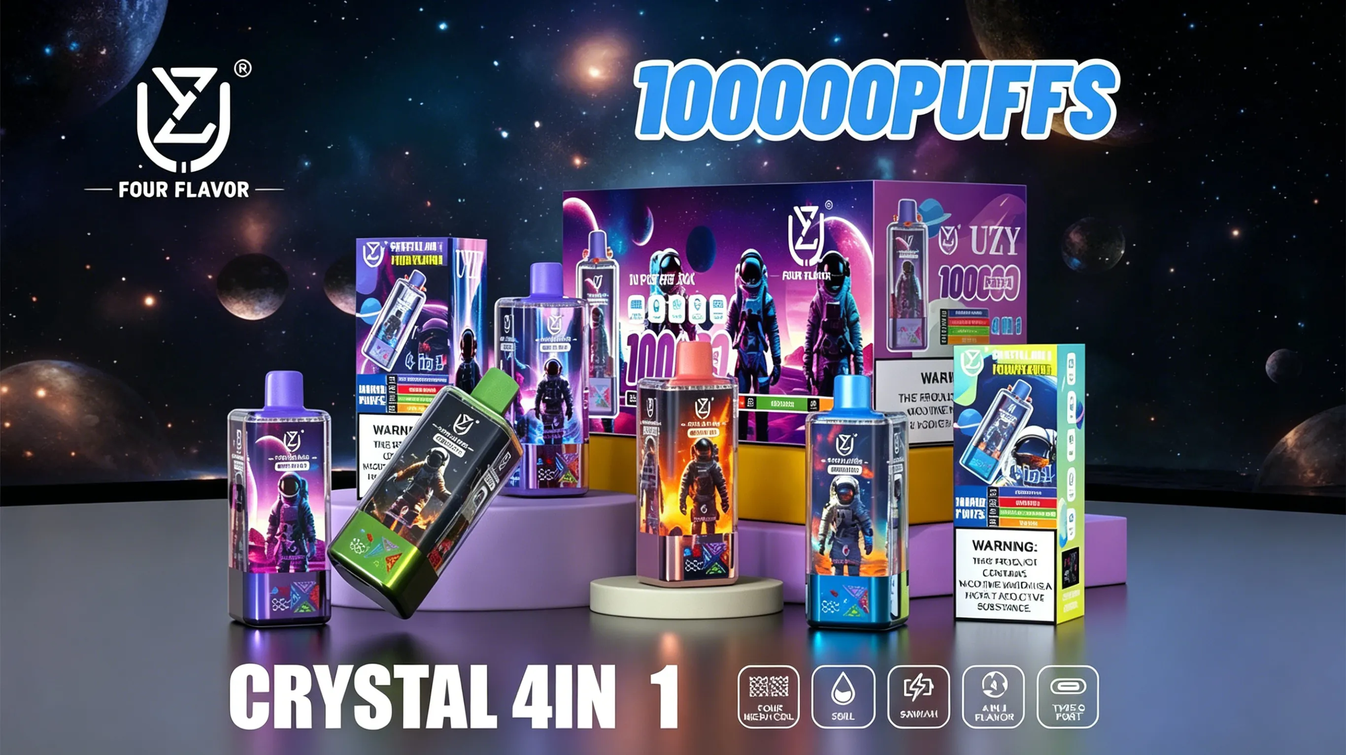 Une publicité sur le thème de l'espace pour la gamme de produits de vapotage UZY Crystal 4 in 1 Flavors 100 000 Puffs, présentant plusieurs emballages de bouteilles et de boîtes colorées avec des astronautes, sur un fond étoilé et le titre audacieux ' 100 000 PUFFS '.