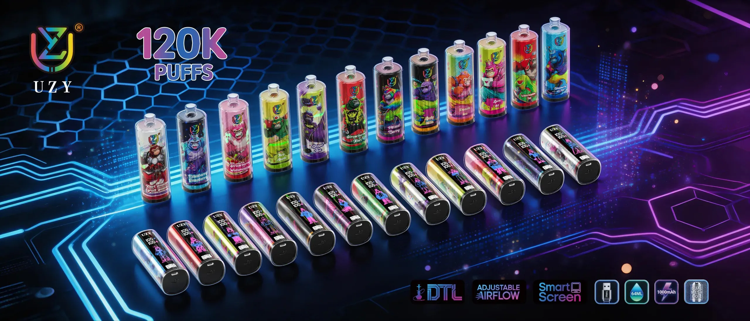 Banner promozionale per UZY Shisha Hookah King 120000 Puffs che mostra una linea diagonale di colorate bottiglie di vaporizzazione usa e getta e dispositivi di vaporizzazione cilindrici, con il testo '120K PUFFS' su uno sfondo di circuito blu neon.