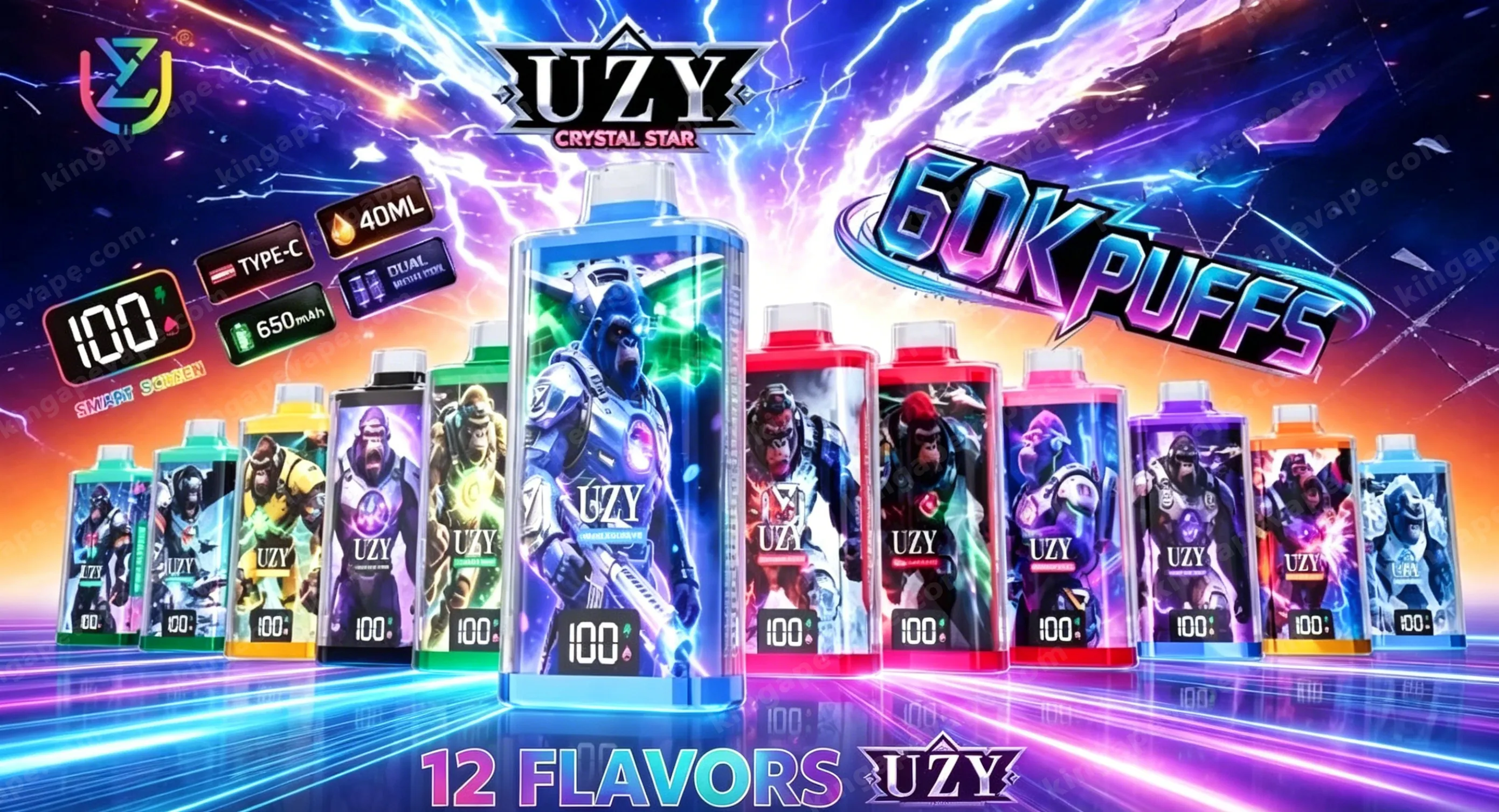 Bannière promotionnelle vibrante pour les dosettes UZY Crystal Star 60000 Puffs présentant une rangée de bouteilles colorées avec une bouteille bleue proéminente au centre, sur un fond d'éclairs au néon, avec un texte en gras indiquant ' 60K PUFFS ' et ' 12 FLAVORS '.