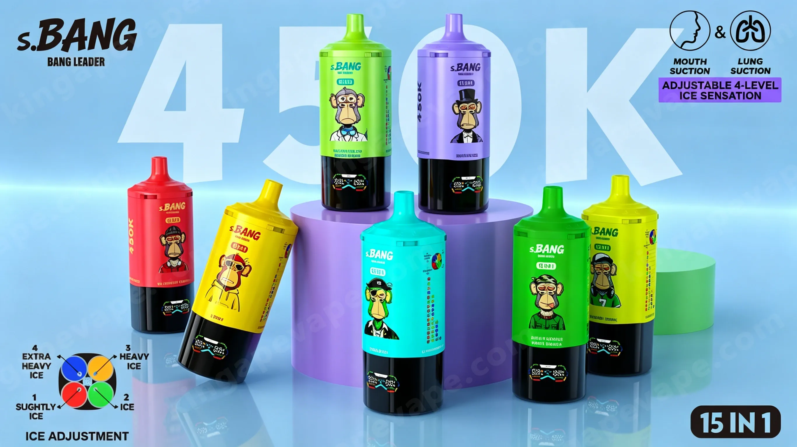 Bottiglie colorate Bang Leader 450000 Puffs squeeze in rosso, giallo, turchese, verde, blu e viola disposte su piedistalli viola su uno sfondo blu, ogni bottiglia presenta un'etichetta con una scimmia cartone animato; .