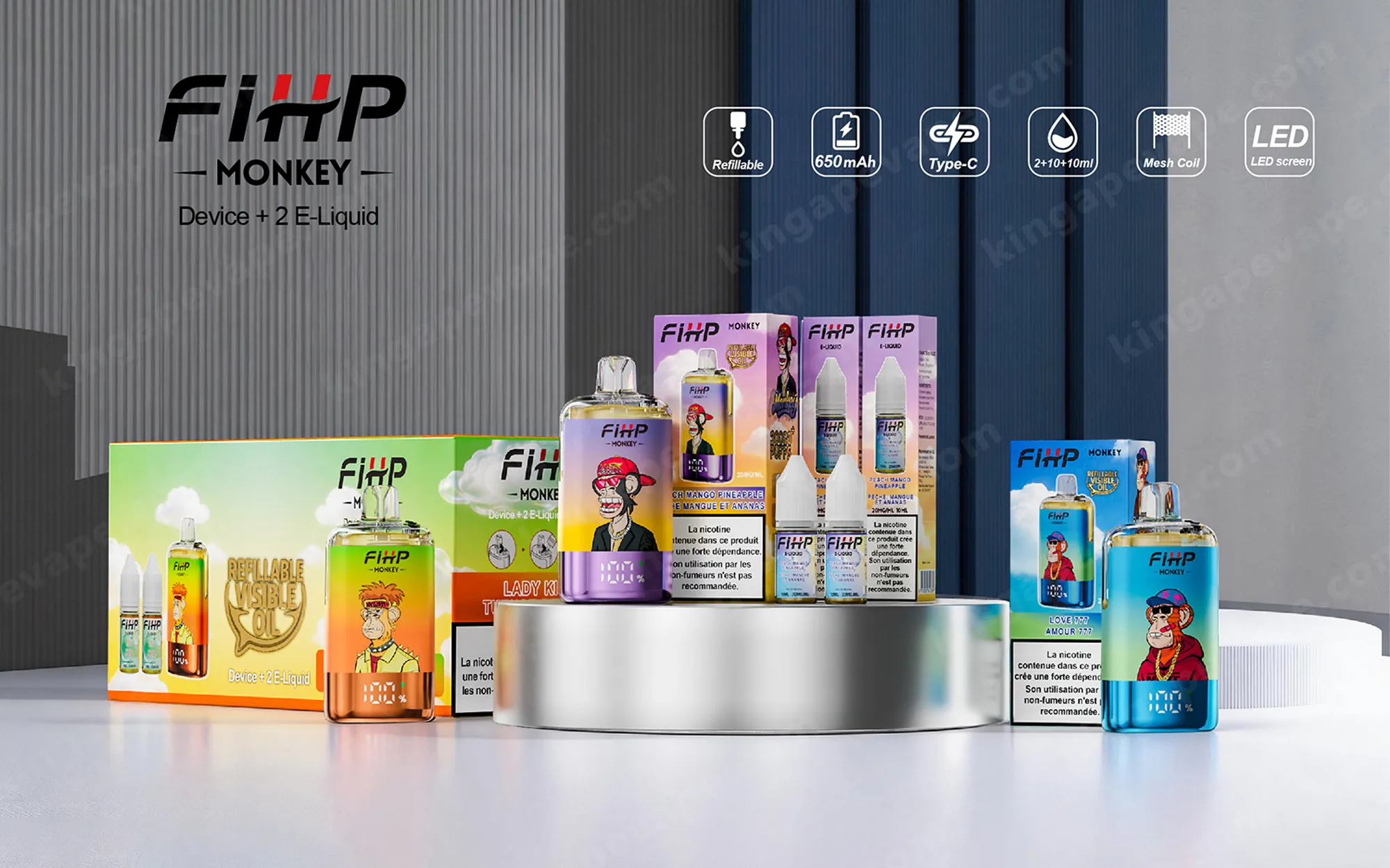 FiHP Monkey vape display with a large FiHP Monkey logo and the caption 'Device + 2 E-Liquid' on a metallic backdrop, icons showing Refillable, 650 mAh, Type-C, 2+10+10 ml, Mesh Coil, and LED screen, with colorful boxed e-liquid products arranged on a circular platform.