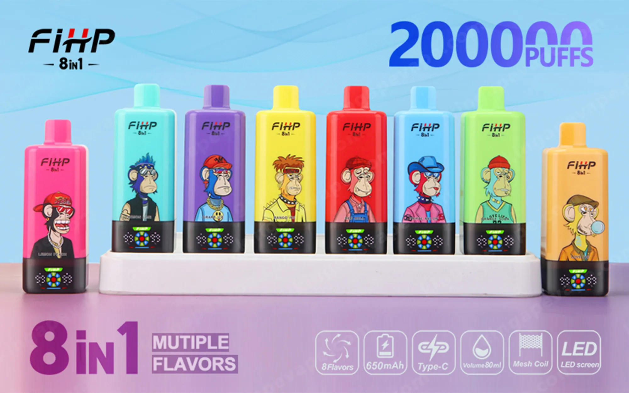 Row of colorful FiHP 8in1 vape bottles with cartoon monkey illustrations, lined up on a display against a blue background, with large '2000 PUFFS' text.